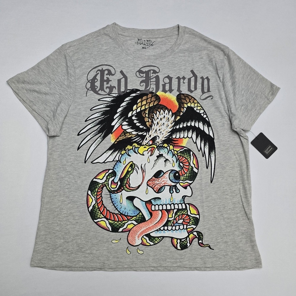 Ed Hardy Mens XL Gray Graphic T-Shirt Eagle Skull Snake Studded EHMB1100-61RS